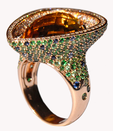 Rosé gold, citrine, diamonds, sapphires and tsavorites Artur Scholl ring | Statement Jewels