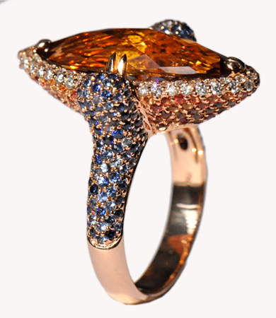 Rosé gold Artur Scholl ring with citrine, orange and blue sapphires, and diamonds | Statement Jewels