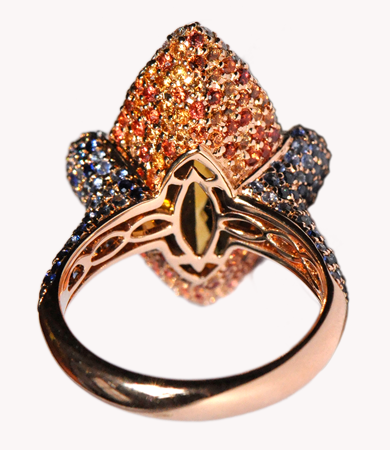 Rosé gold Artur Scholl ring with citrine, orange and blue sapphires, and diamonds | Statement Jewels