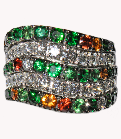 White gold Artur Scholl ring orange sapphires, tsavorites and diamonds | Statement Jewels