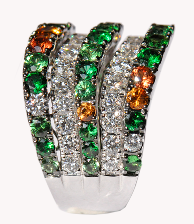 White gold Artur Scholl ring orange sapphires, tsavorites and diamonds | Statement Jewels