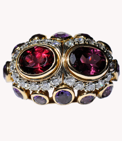 Yellow and white gold ring with amethysts, diamonds, tourmaline and garnet | Statement Jewels Yellow and white gold ring with amethysts, diamonds, tourmaline and garnet | Statement Jewels