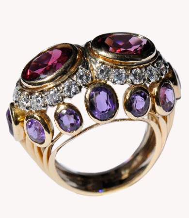 Yellow and white gold ring with amethysts, diamonds, tourmaline and garnet | Statement Jewels Yellow and white gold ring with amethysts, diamonds, tourmaline and garnet | Statement Jewels