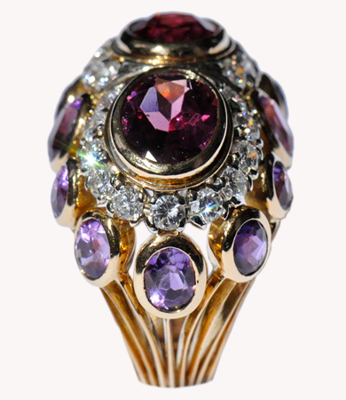 Yellow and white gold ring with amethysts, diamonds, tourmaline and garnet | Statement Jewels