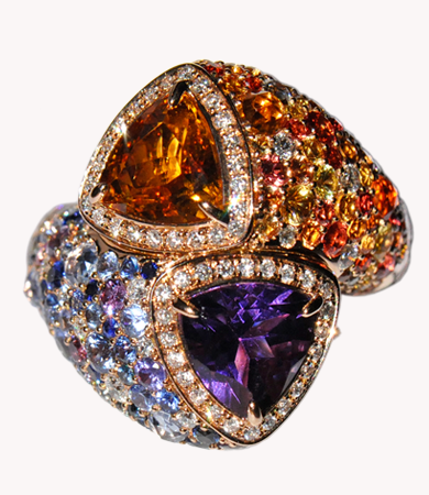 A rosé gold Artur Scholl ring with amethyst, citrine, diamonds and coloured sapphires | Statement Jewels