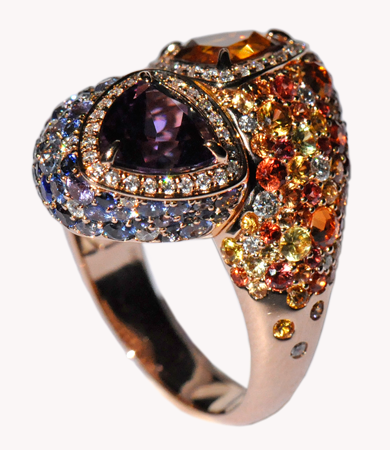 A rosé gold Artur Scholl ring with amethyst, citrine, diamonds and coloured sapphires | Statement Jewels A rosé gold Artur Scholl ring with amethyst, citrine, diamonds and coloured sapphires | Statement Jewels