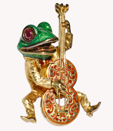 Yellow gold, ruby and enamel Cellino frog brooch | Statement Jewels