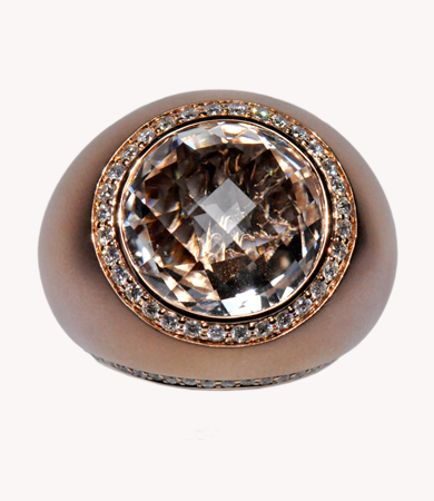 Frosted rose gold, clear white quartz and diamonds Artur Scholl ring | Statement Jewels