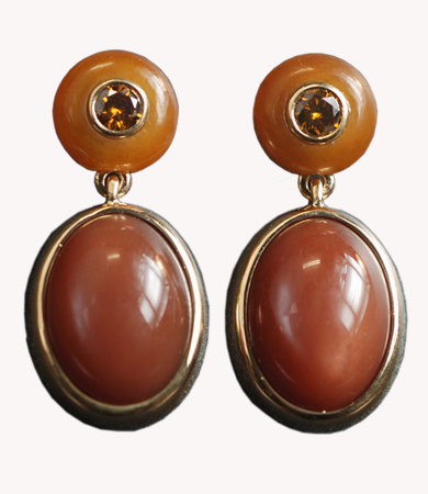 Amber, brown moonstone and brown diamond T.A.C. earrings | Statement Jewels