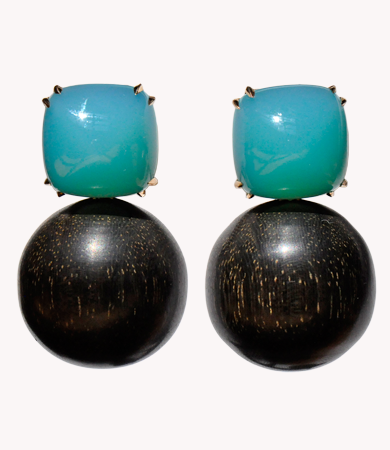 Lignum vitae wood, lagoon agate and rosé gold T.A.C. earrings | Statement Jewels