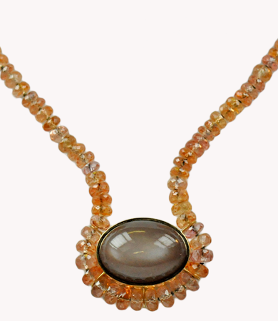 Yellow gold, orange sapphire & brown moonstone T.A.C. necklace | Statement Jewels Yellow gold, orange sapphire & brown moonstone T.A.C. necklace | Statement Jewels