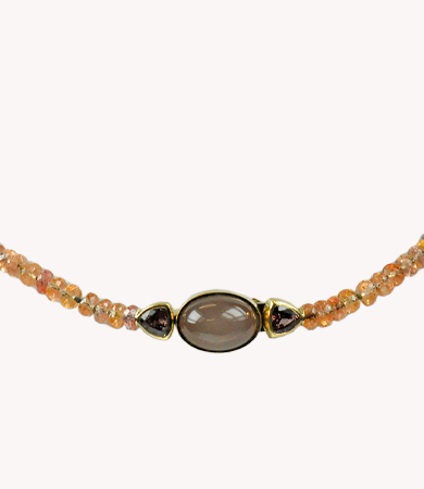 Yellow gold, orange sapphire & brown moonstone T.A.C. necklace | Statement Jewels