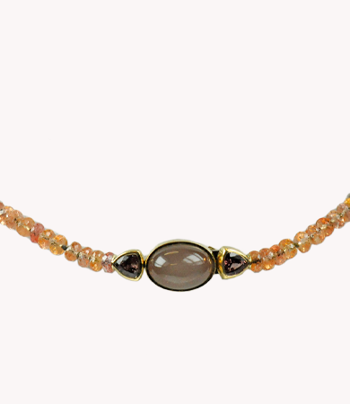 Yellow gold, orange sapphire & brown moonstone T.A.C. necklace | Statement Jewels Yellow gold, orange sapphire & brown moonstone T.A.C. necklace | Statement Jewels