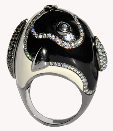 Blackened white gold, enamel, black & white diamond fish ring | Statement Jewels