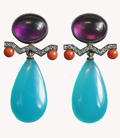 Yellow gold, chalcedony, amethyst, coral, diamond T.A.C. earrings  | Statement Jewels