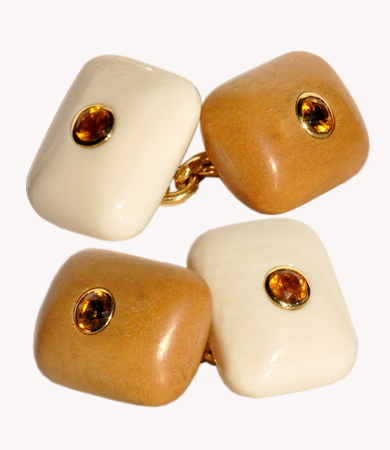 Yellow gold, citrine, bone and wood Trianon cufflinks | Statement Jewels