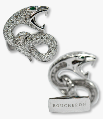 White gold, diamond and emerald Boucheron snake cufflinks | Statement Jewels