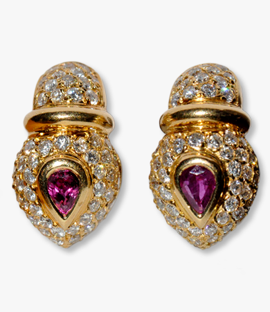 Yellow gold, diamond and ruby French earrings | Statement Jewels