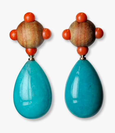 Bahia rose wood, coral and amazonite T.A.C. earrings | Statement Jewels