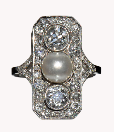 Platinum, white gold, natural pearl and diamonds Art Deco ring | Statement Jewels