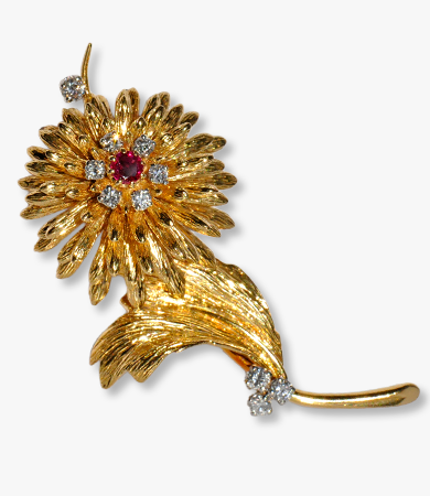 Yellow gold, ruby and diamond brooch | Statement Jewels