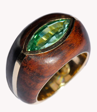 Yellow gold, snake wood & green tourmaline T.A.C. ring