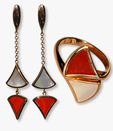 Rosé gold, red agate & mother-of-pearl earrings-ring Artur Scholl set | Statement Jewels