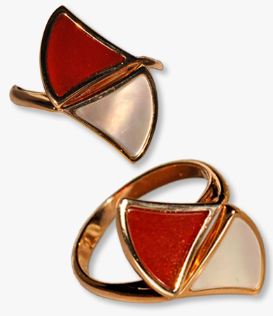 Rosé gold, red agate & mother-of-pearl earrings-ring Artur Scholl set | Statement Jewels