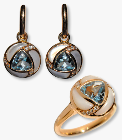 Rosé gold, topaz & mother-of-pearl earrings-ring Artur Scholl set | Statement Jewels