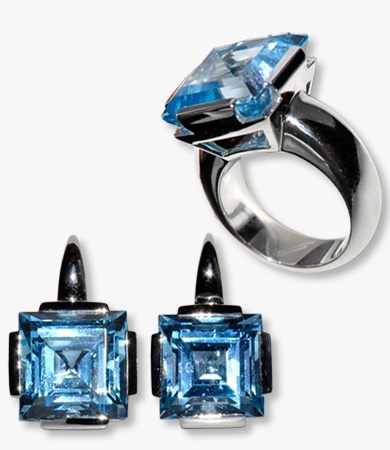 White gold & blue topaz Artur Scholl earrings & ring set | Statement Jewels