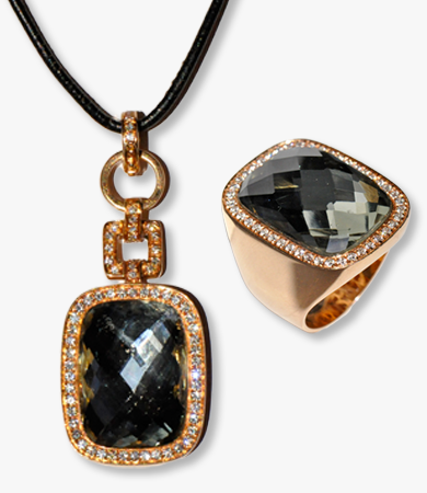 Rosé gold, green amethyst and diamonds ring & pendant set | Statement Jewels