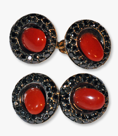 Yellow gold, black diamond and coral cufflinks | Statement Jewels