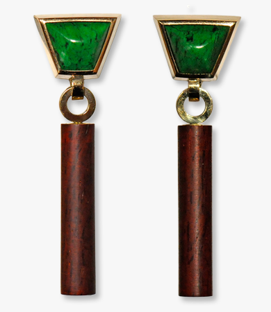 Yellow gold, jade and cocobolo wood T.A.C. earrings | Statement Jewels