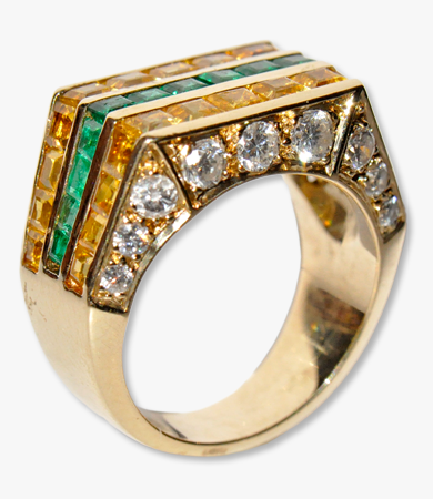 Yellow gold, emeralds, diamonds & yellow sapphires Chantecler Capris ring | Statement Jewels