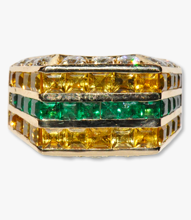 Yellow gold, emeralds, diamonds & yellow sapphires Chantecler Capris ring | Statement Jewels
