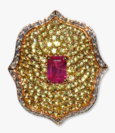 Rosé gold, diamond, yellow sapphire & ruby Artur Scholl ring | Statement Jewels