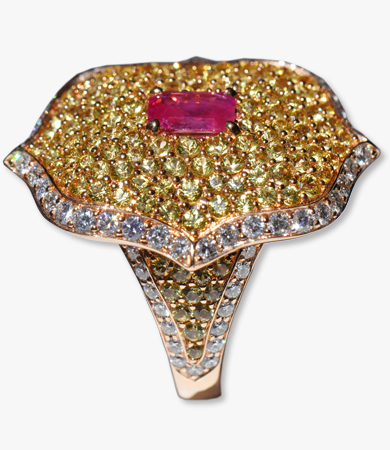 Rosé gold, diamond, yellow sapphire & ruby Artur Scholl ring | Statement Jewels Rosé gold, diamond, yellow sapphire & ruby Artur Scholl ring | Statement Jewels