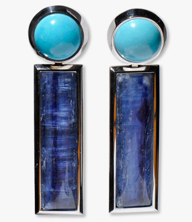White gold, turquoise & kyanite 'Morse code' T.A.C. earrings | Statement Jewels