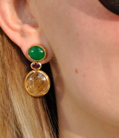 Yellow gold, jade and rutilated quartz T.A.C. earrings | Statement Jewels Yellow gold, jade and rutilated quartz T.A.C. earrings | Statement Jewels